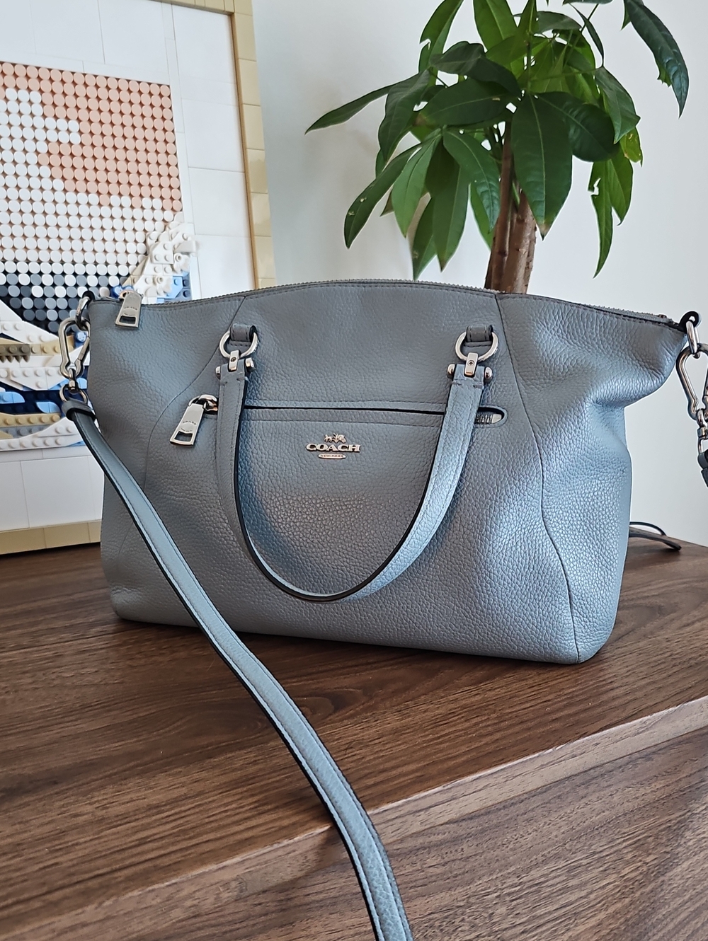 Coach Pebbled Leather Shoulder Satchel in Steel Blue